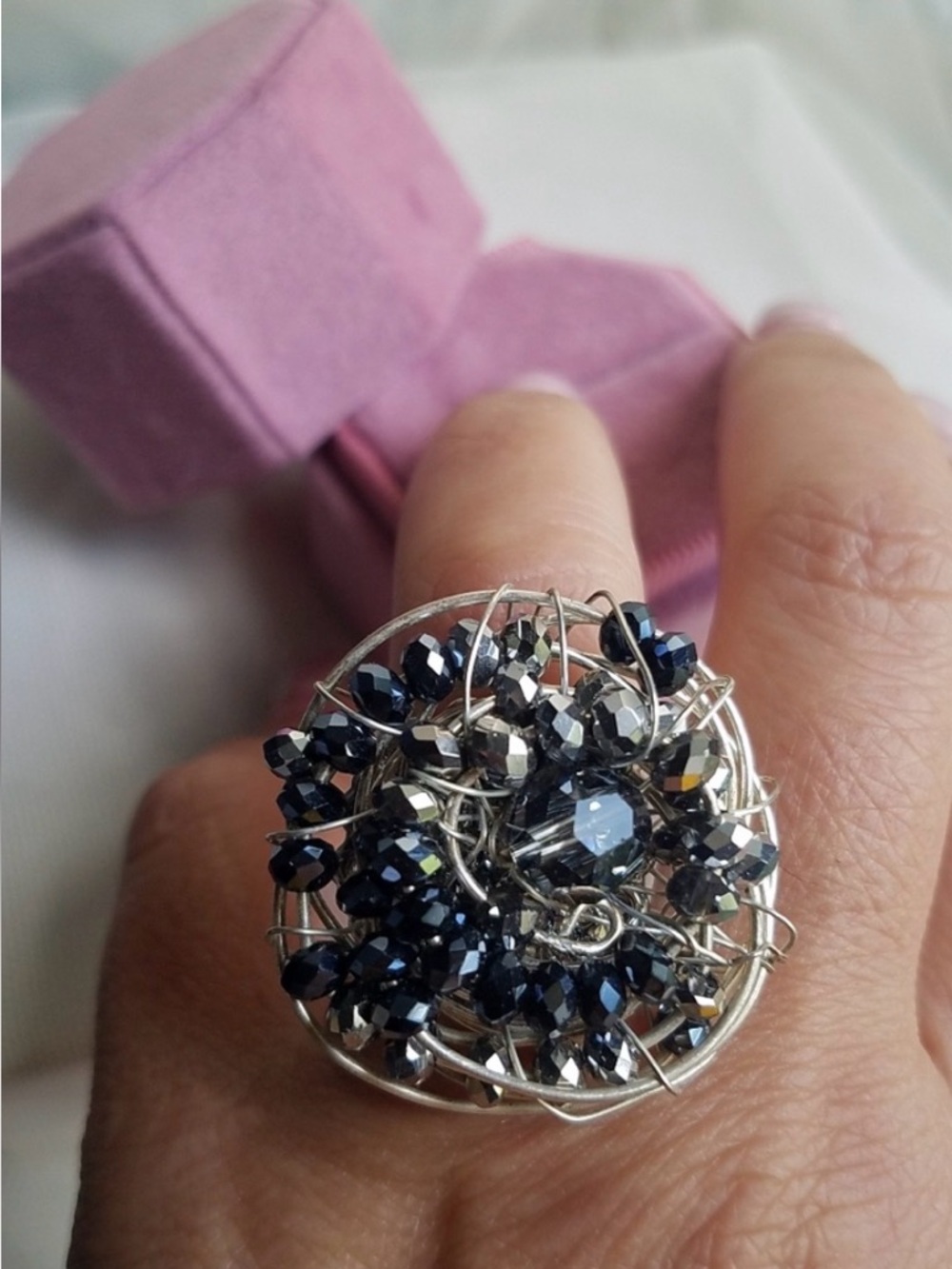 Swarovski Elements Metallic Blue Crystal Statement Ring Handmade NEW